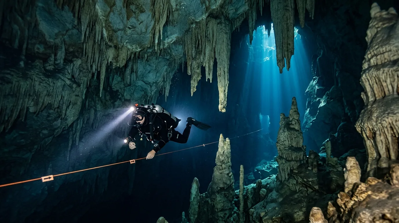 Illustration : Plongée sous plafond et cave diving : voyage au cœur des secrets de la Terre